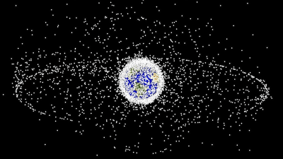 Grafisk framställning av rymdskräp i jordens närrymd.