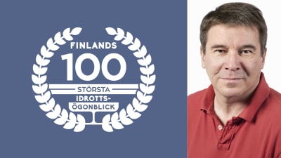 Johan Portin med logon för Finlands 100 största idrottsögonblick.