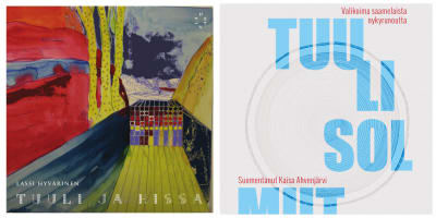 Pärmarna till Lassi Hyvärinens diktsamling "Tuuli ja kissa" och antologin "Tuulisolmut" med översatt samisk samtidsdikt.