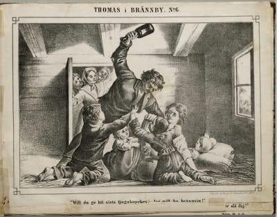 Illustration av Alexandra Frosterus-Såltin i pamfletten "Thomas i Brännby" av Johan Vilhelm Snellman.