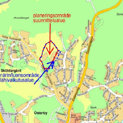 En karta som visar var det planeras nya tomter i Ekenäs centrum.