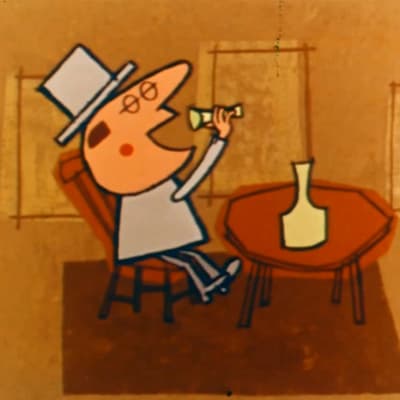 Kuvakaappaus animaatiofilmistä, mies juo alkoholia