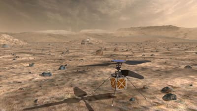 Den lilla helikoptern Ingenuity som färdas till Mars tillsammans med rovern Perseverance.