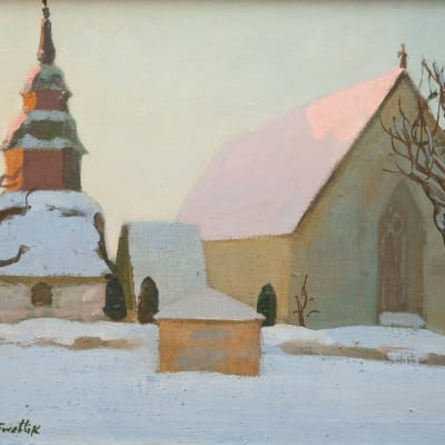 En oljemålning av Georges von Swetlik som föreställer Tenala kyrka. 