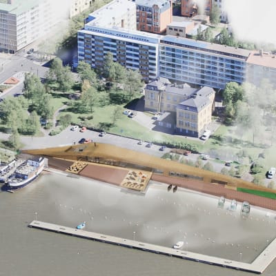 Flygvy över Fiskets hus vid Fiskstranden i Vasa.