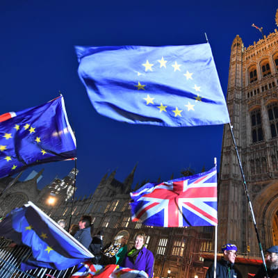 Iso-Britannian ja EU:n liput liehuvat Lontoon parlamenttirakennuksen edustalla. Muutamia mielenosoittajia on paikalla.