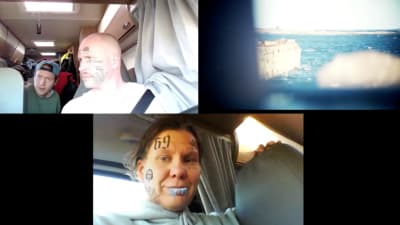 En delad skärmbild som visar tre bilder, två av människor i en husvagn och en som visar en finländsk havsvy. 