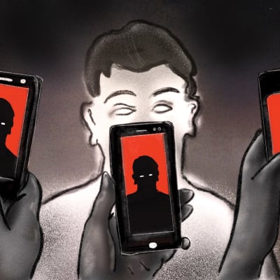Tre personer står framför en person som som också syns i deras mobiler med röd brakgrund.