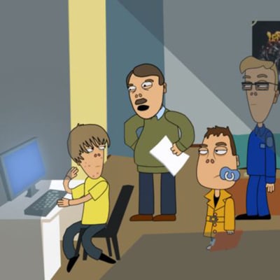 Kuva animaatiosarjasta Pasila, jossa tietokoneella oleva teini, jota ovat tulleet jututtamaan poliisit Neponen ja Pöysti.