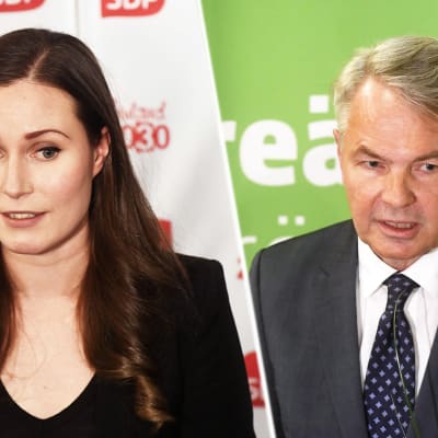 En bildkollage med Sanna Marin och Pekka Haavisto.