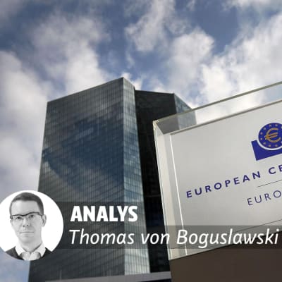 Europeiska centralbankens huvudbyggnad i Frankfurt. På bilden en banner med texten "Analys, Thomas von Boguslawski".