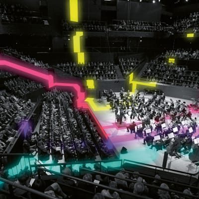 Helsingin kaupunginorkesteri esiintyy Musiikkitalon konserttisalissa / lisätty valoefektejä.