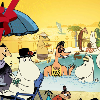 Bild från animationen Muminfamiljen på Rivieran. Snorkfröken i poolen med playboyn Clark och Mumintrollet svartsjuk på bassängkanten. Yles jul-rosett logo i övre vänstra hörnet.