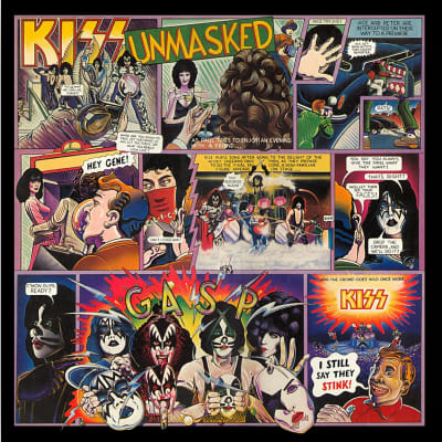 Kiss Unmasked konvolut med en tecknad serie.