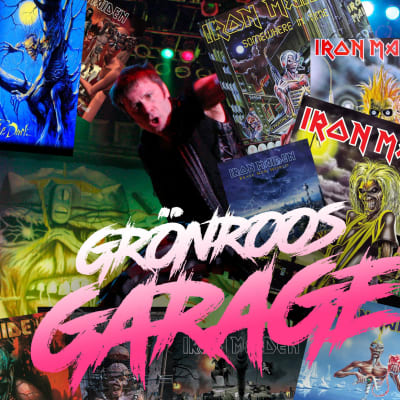 Grönroos garage logo med Iron Maiden kollage med alla skivkonvolut och livebild.