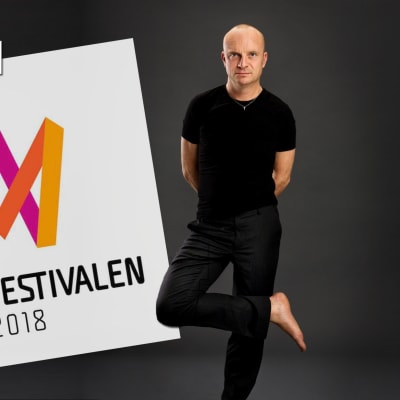 Jonas Gardell samt logon för Melodifestivalen 2018 och Yle Arenan
