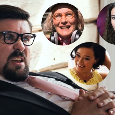 Humorkaraktären Svante Mattbäck i serien Stjärnorna på Knipan med tre mindre bollar med kvinnliga kraktärer. Skådespelare: Håkan Omars