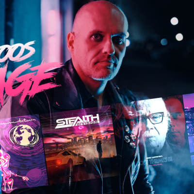Kollage med Lasse Grönroos, Grönroos garage logo och fem synthskivor.