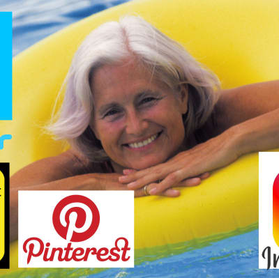 äldre dam i pool och sociala mediers logon