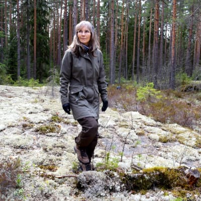 Anneli Jussila går på en bergsknall i skogen.