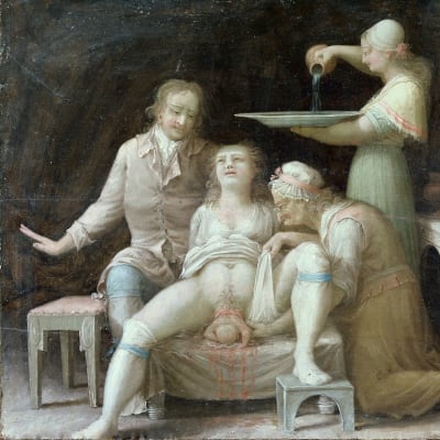 Målning av en förlossning, gjord runt år 1800 i Åbo.