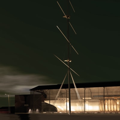 Arkitektskiss över den nya Vegahallen i nattbelysning