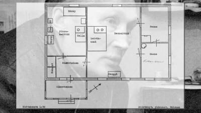 Pentti Saarinen som bakgrund för planritning över stugan där hans fru Hilkka hittades inmurad i ugnen.