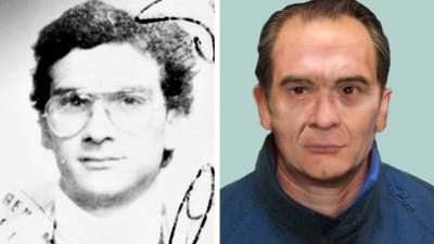 Matteo Messina Denaro som ung till vänster och polisen indentifieringsbild av hur han kunde se ut som äldre till höger.