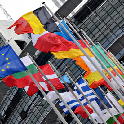 Lippuja EU parlamenti edessä Strasbougissa.