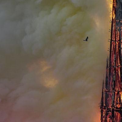 Notre Damen katedraali kärsi pahoin 15. huhtikuuta syttyneessä palossa. Tässä liekehtii kuuluisa torni.