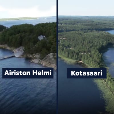 Kolme ilmakuvaa vierekkäin, Sarviniemi Taipalsaarelta, Airiston Helmi Saaristomerellä ja Kotasaari Puumalassa