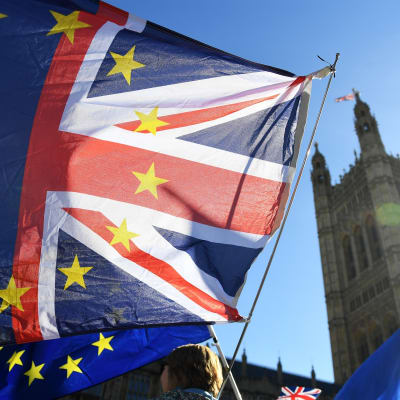Britannian ja EU:n lippuja parlamenttitalon edustalla Lontoossa. 