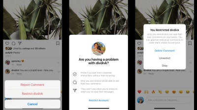 Skärmdump som visar en hatisk kommentar och Instagrams nya funktion som frågar ifall du vill begränsa en användare.