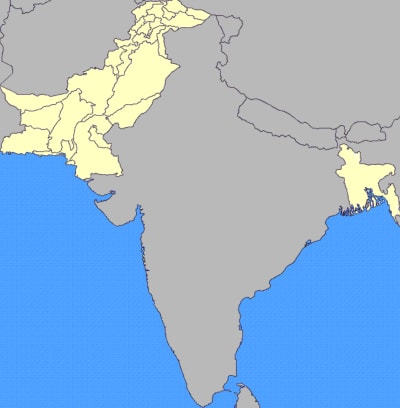 Karta över sydostasien med Väst- och Östpakistan utmarkerade.