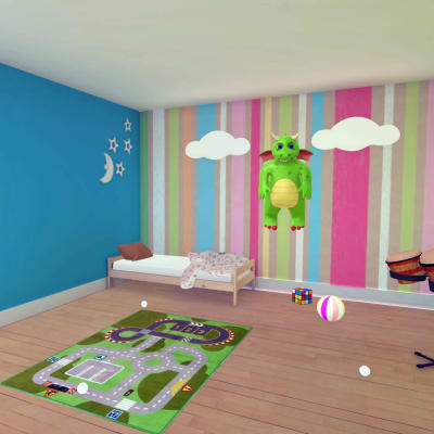 Bild av en grön drake som flyger i en animerad lägenhet. 