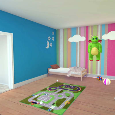 Bild av en grön drake som flyger i en animerad lägenhet. 