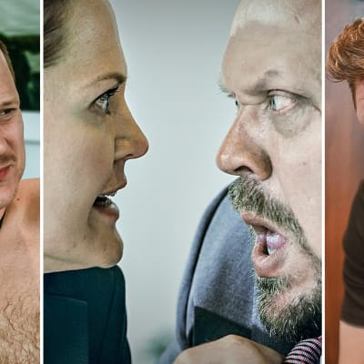 Kollaasi, jossa ovat kuvat Kaidesta (Antti Luusuaniemi) porealtaassa M/S Romantic-sarjassa, Kirsistä (Lotta Kaihua) riuhtomassa Mattia (Hannu-Pekka Björkman) solmiosta Kohtuuttomuuksia-sarjassa sekä Jarkosta (Eero Milonoff) Modernit miehet -sarjassa.
