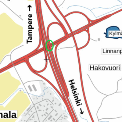 Kartassa punaisella tiet ja niihin liittyvät risteyssillat.
