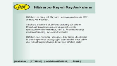 En skärmdump på stiftelsen Leo, Mary och Mary-Ann Hackmans hemsida.