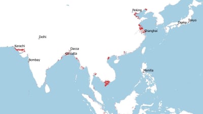 Låglänta områden i Asien (<3 m.ö.h) och städer med över tio miljoner invånare.