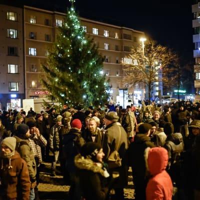 Demonstranter på Tölö torg på Finlands självständighetsdag.