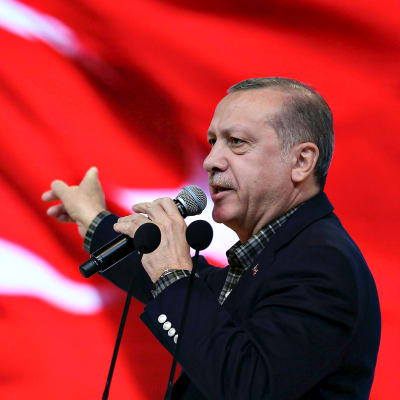 Turkin presidentti Recep Tayyip Erdoğan pitämässä puhettaan Istanbulissa. Takana liehuu punainen Turkin lippu.