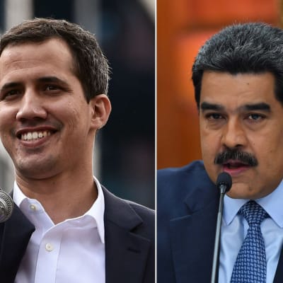 Ordföranden för Venezuelas nationalförsamling Juan Guaidó till vänster och landets sittande president Nicolás Maduro till höger. 