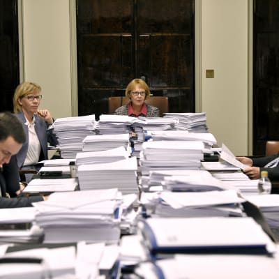 Perustuslakivaliokunnan puheenjohtaja Annika Lapintie aloittamassa valiokunnan kokousta eduskunnassa Helsingissä.