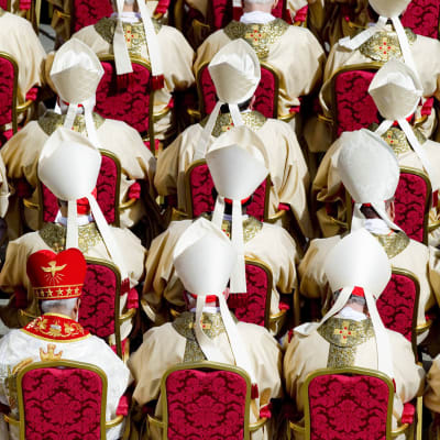 Useita kardinaaleja istuu penkeillä.