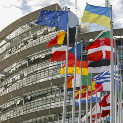 EU-maiden liput saloissa rakennuksen edessä.