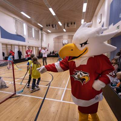 Maskot i form av en örn pekar mot innebandymål