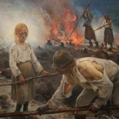 Eero Järnefeltin maalaus Raatajat rahanalaiset 1800-luvun lopulta., yksityiskohta. 