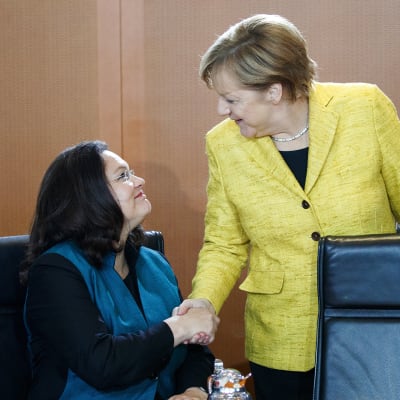 Andrea Nahles ja Angela Merkel Berliinissä syyskuussa 2017.