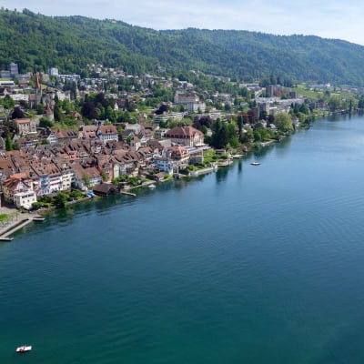 Näkymä Zugin kylään Zugersee järven rannalla.
